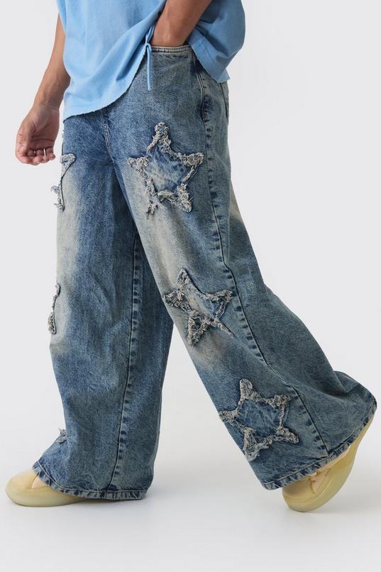 Wide Leg Rigid Star Distressed Applique Jeans by BOOHOOMAN