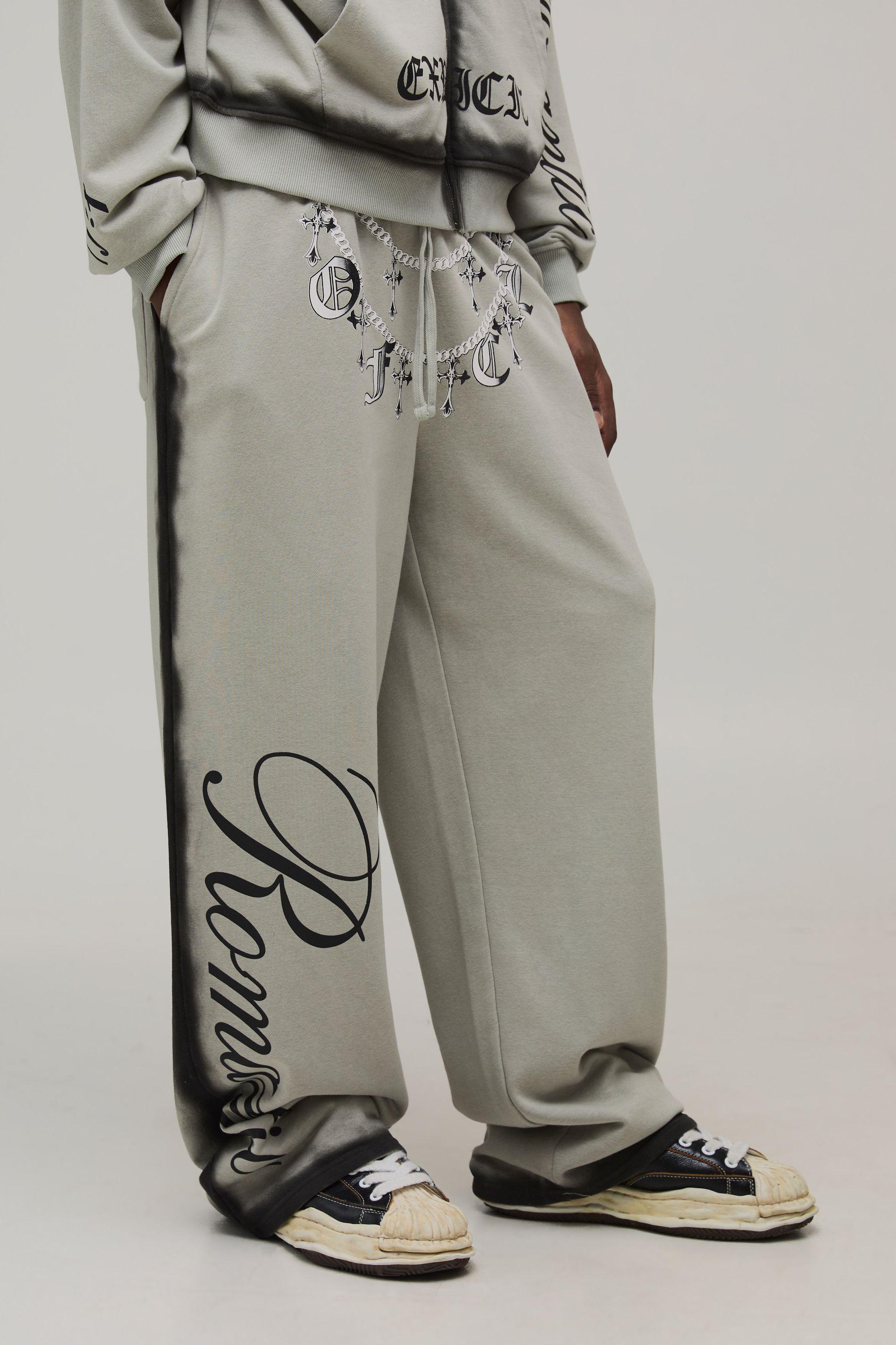Wide Leg Spray Wash Slogan Printed Joggers by BOOHOOMAN
