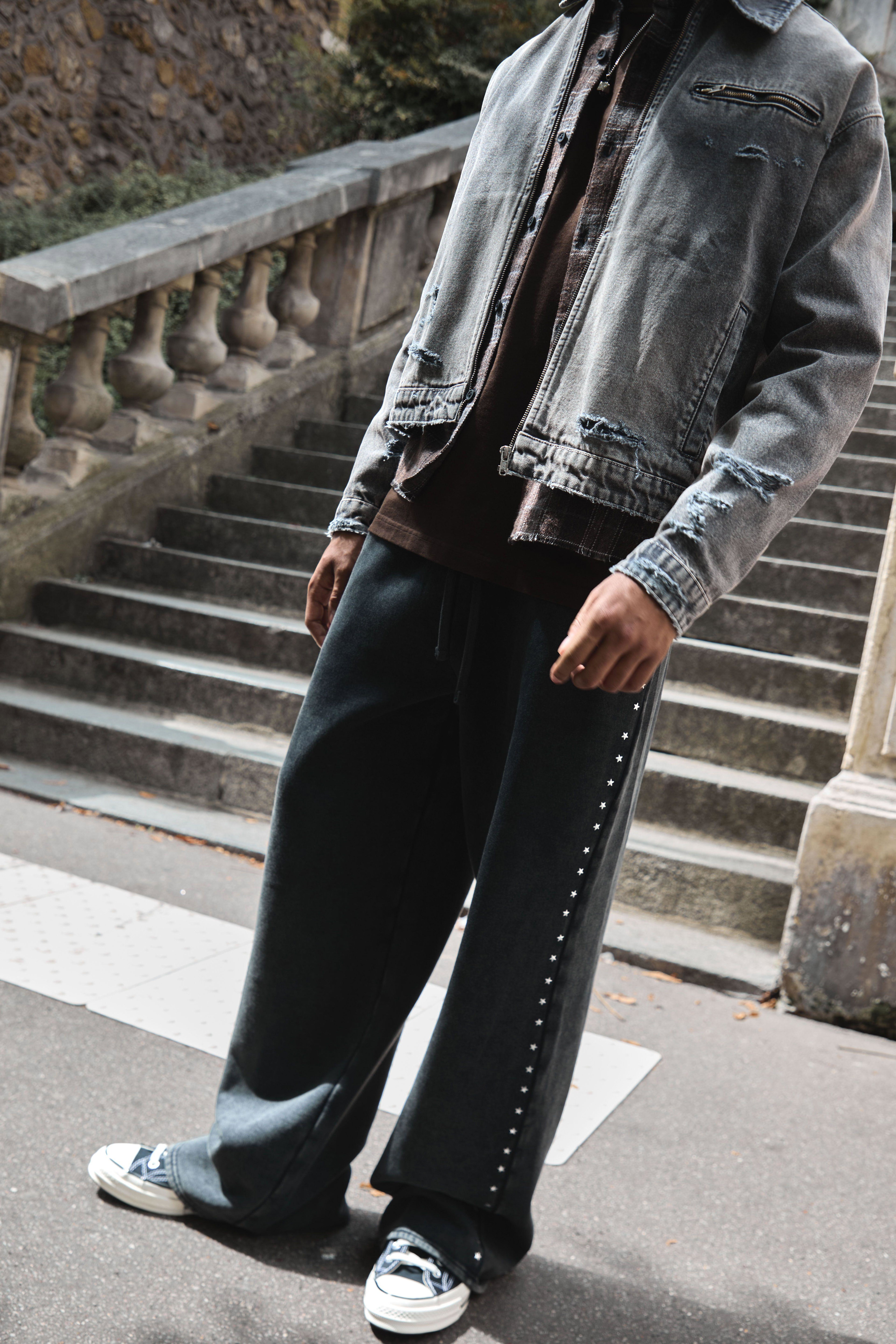 Wide Leg Washed Star Pop Studded Detail Joggers by BOOHOOMAN