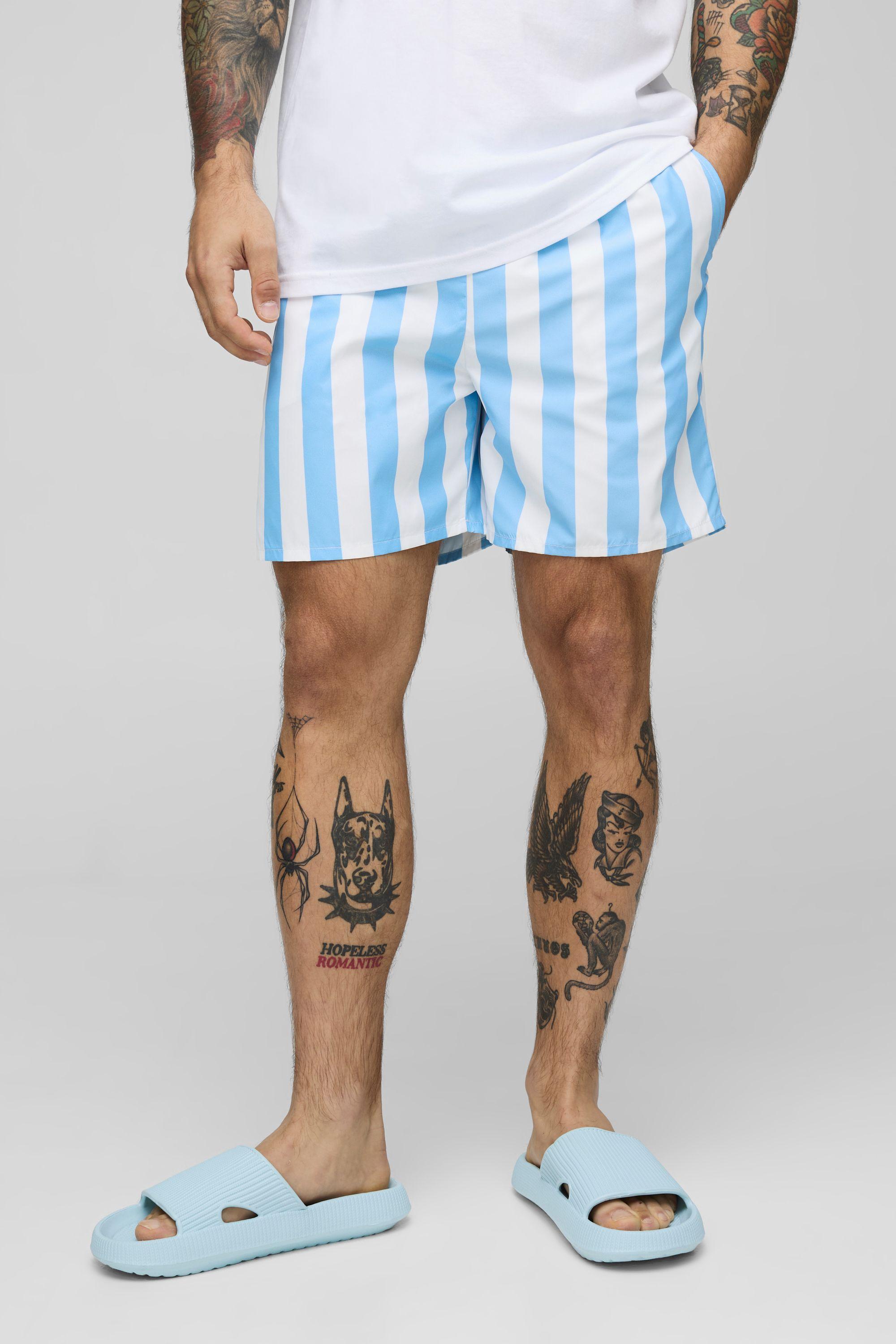 Wide Stripe Print Mid Length Swim Short by BOOHOOMAN