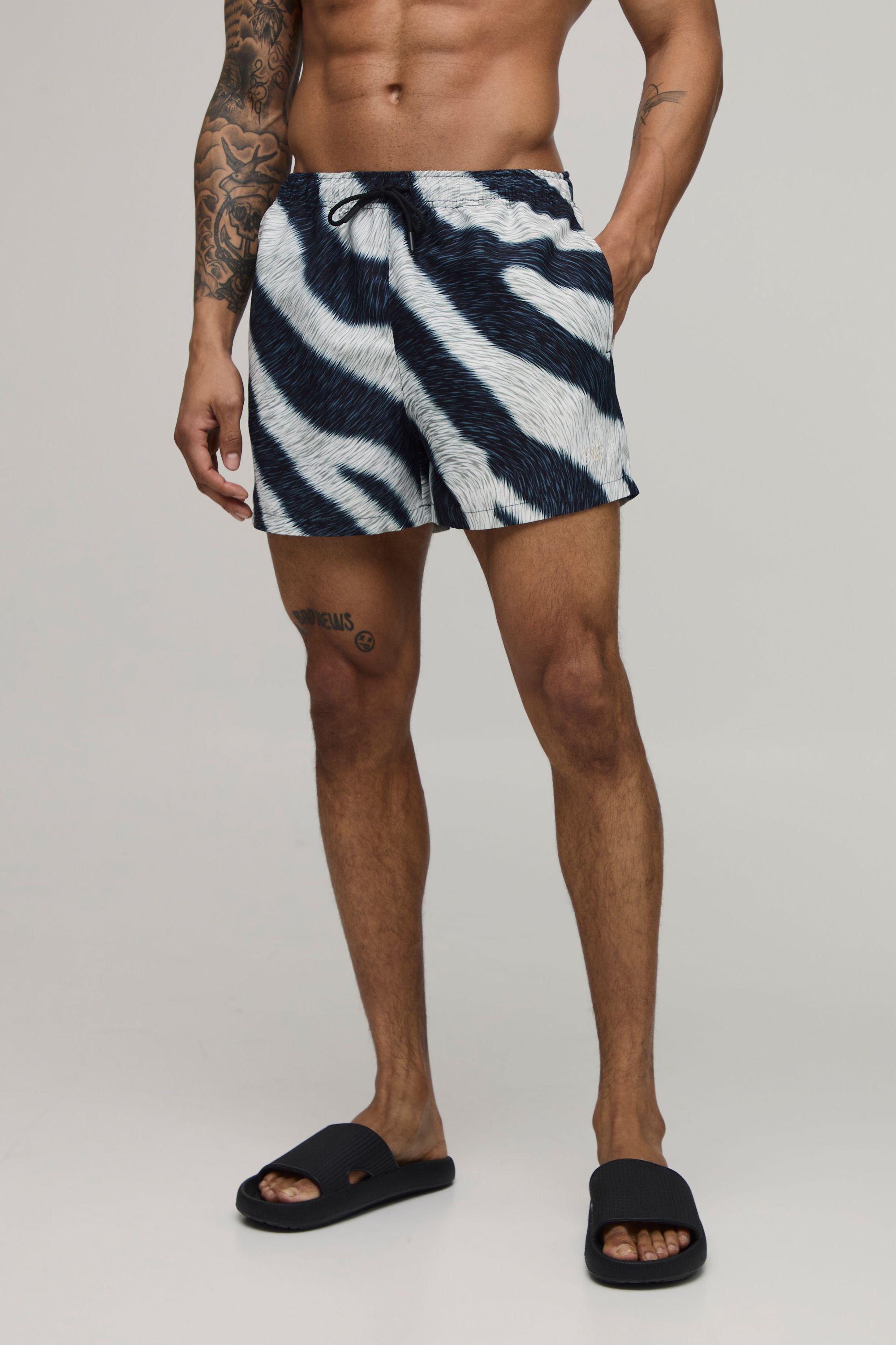 Zebra Print Man Embroidered Short Length Swim Short by BOOHOOMAN