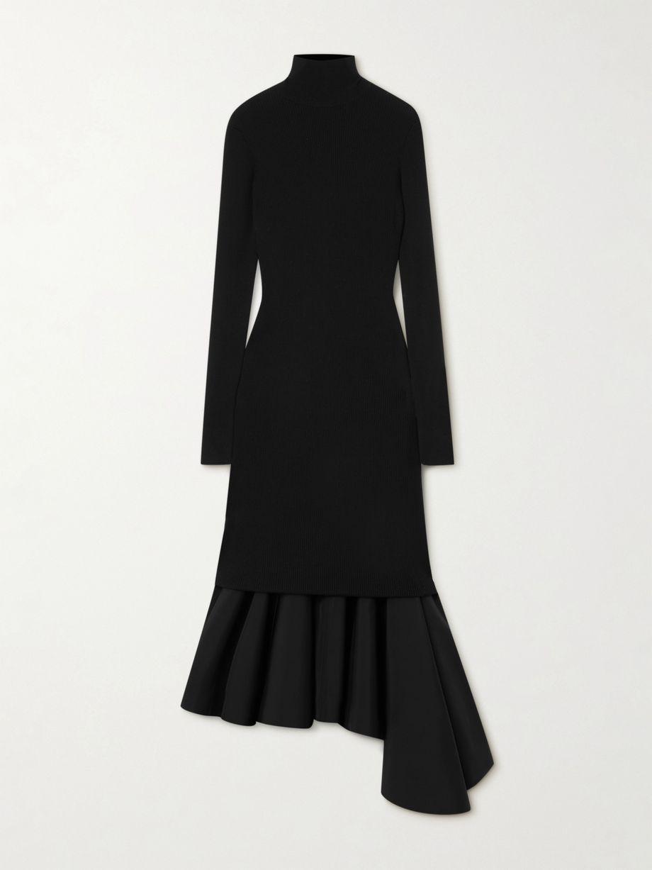Asymmetric satin-trimmed ribbed-knit turtleneck midi dress by BOTTEGA VENETA