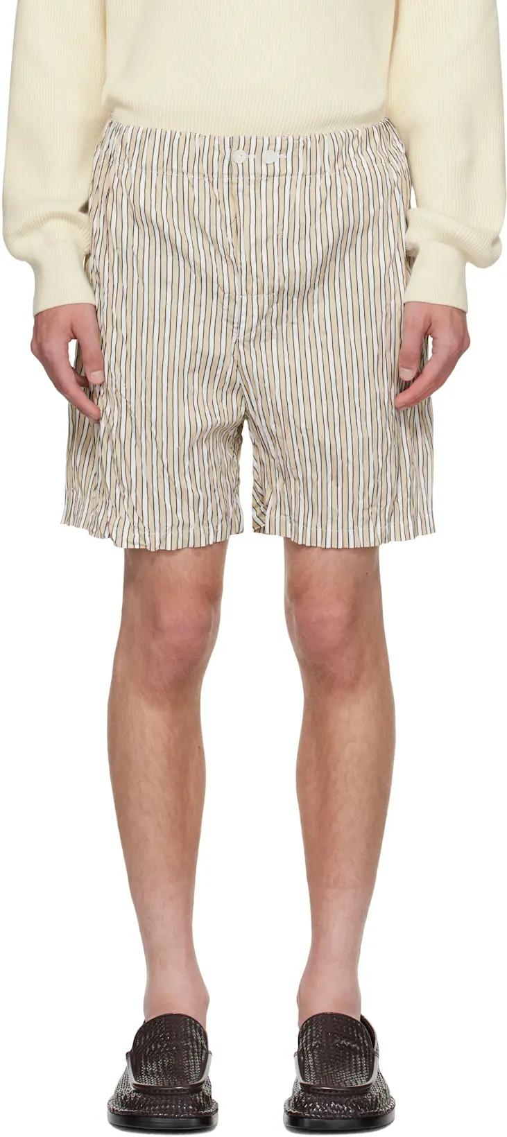 Beige & White Crushed Tech Cotton Stripe Shorts by BOTTEGA VENETA