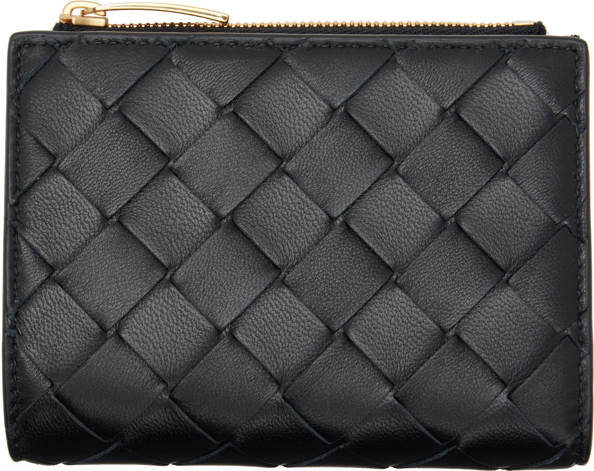 Black Intrecciato Small Bi-Fold Wallet by BOTTEGA VENETA