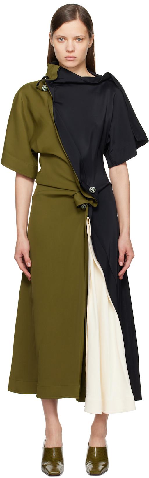 Black & Khaki Fluid Viscose Piercing Maxi Dress by BOTTEGA VENETA