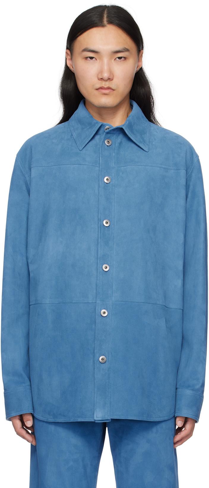 Blue Embossed Corduroy Suede Shirt by BOTTEGA VENETA
