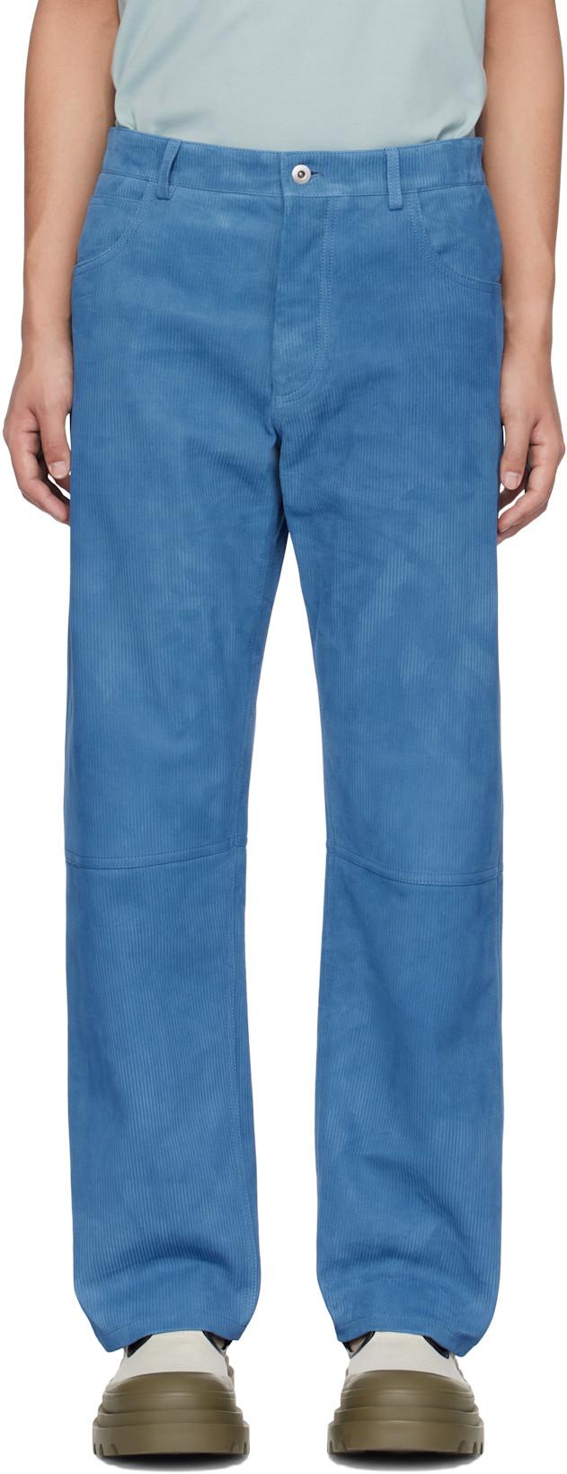 Blue Embossed Corduroy Suede Trousers by BOTTEGA VENETA