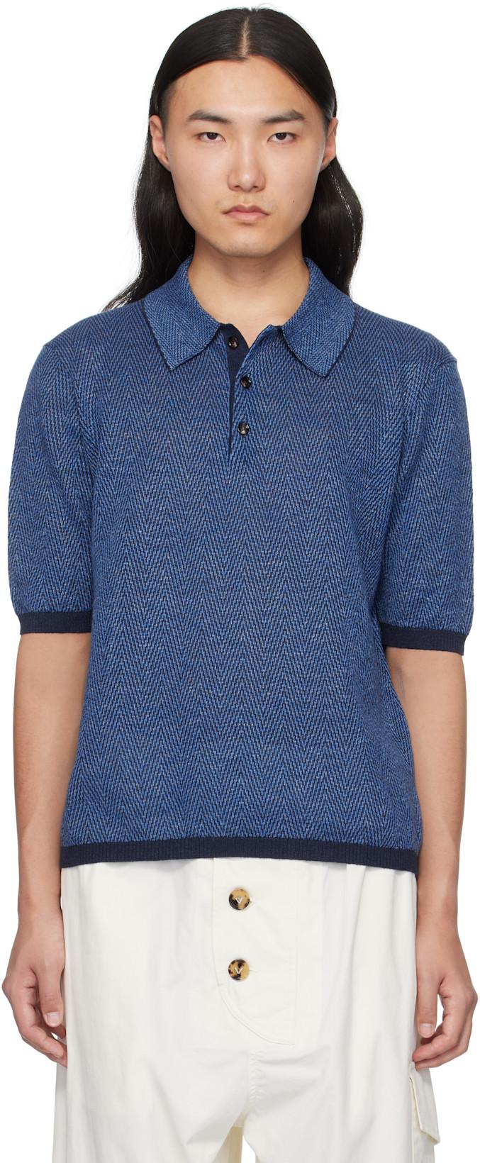 Blue Linen Chevron Knit Polo by BOTTEGA VENETA