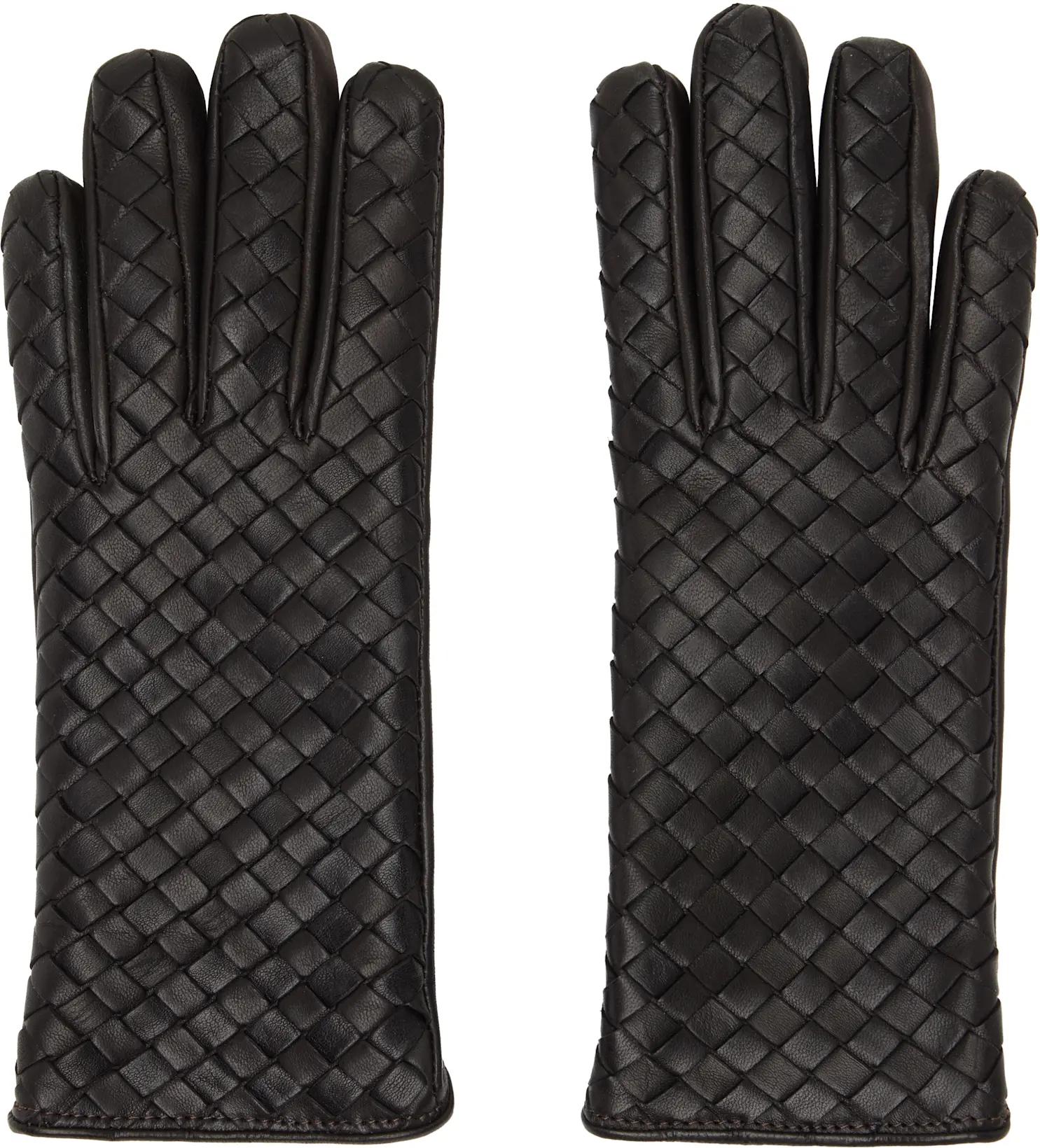 Brown Intrecciato Leather Gloves by BOTTEGA VENETA