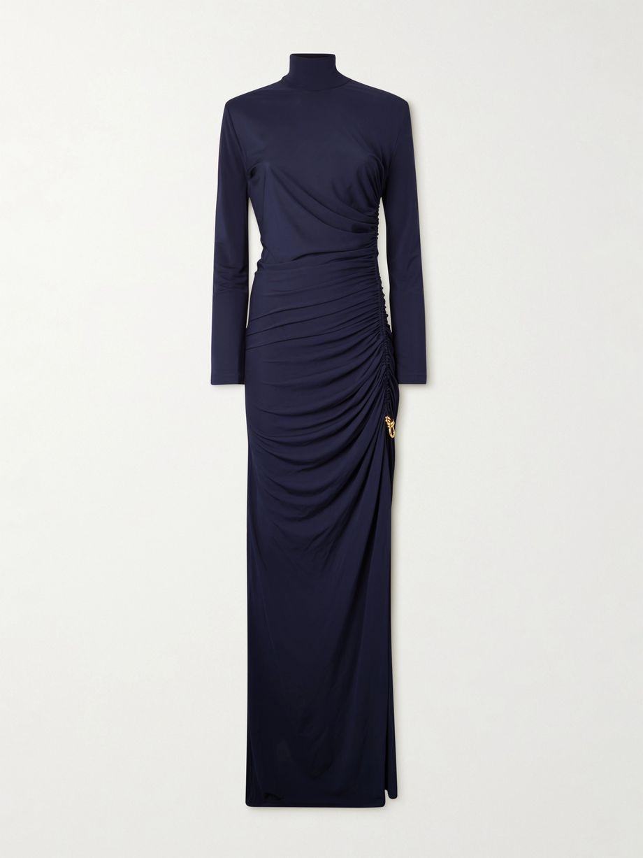 Embellished ruched jersey turtleneck maxi dress by BOTTEGA VENETA
