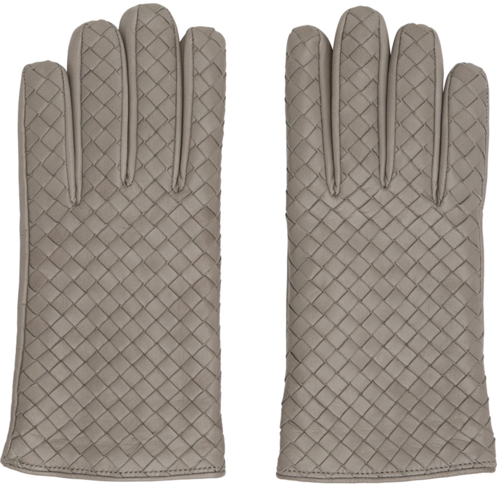 Gray Intrecciato Leather Gloves by BOTTEGA VENETA