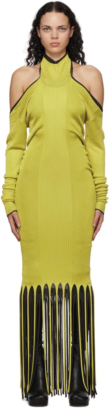 Green & Brown Viscose Twist Fringe Dress by BOTTEGA VENETA