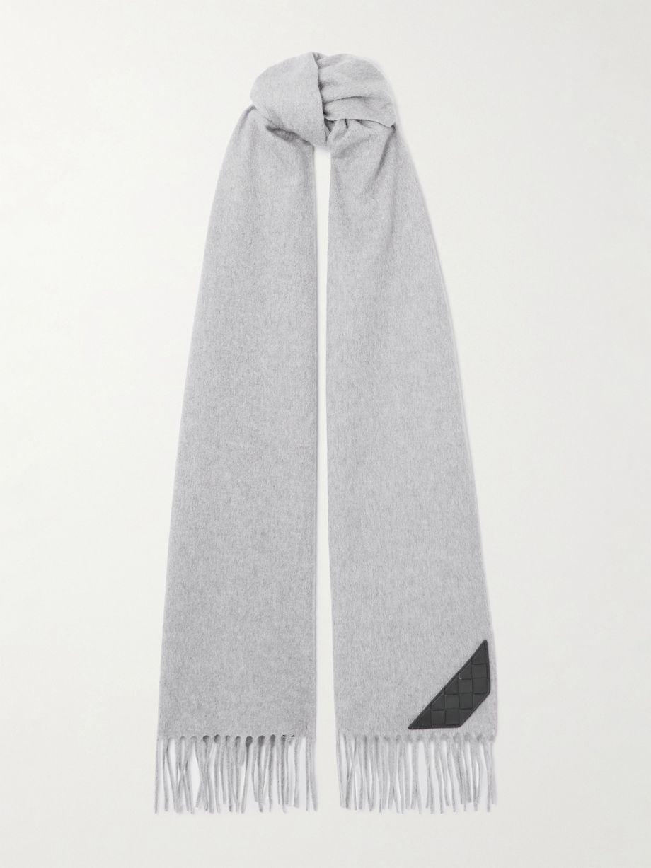 Intrecciato leather-trimmed fringed cashmere scarf by BOTTEGA VENETA