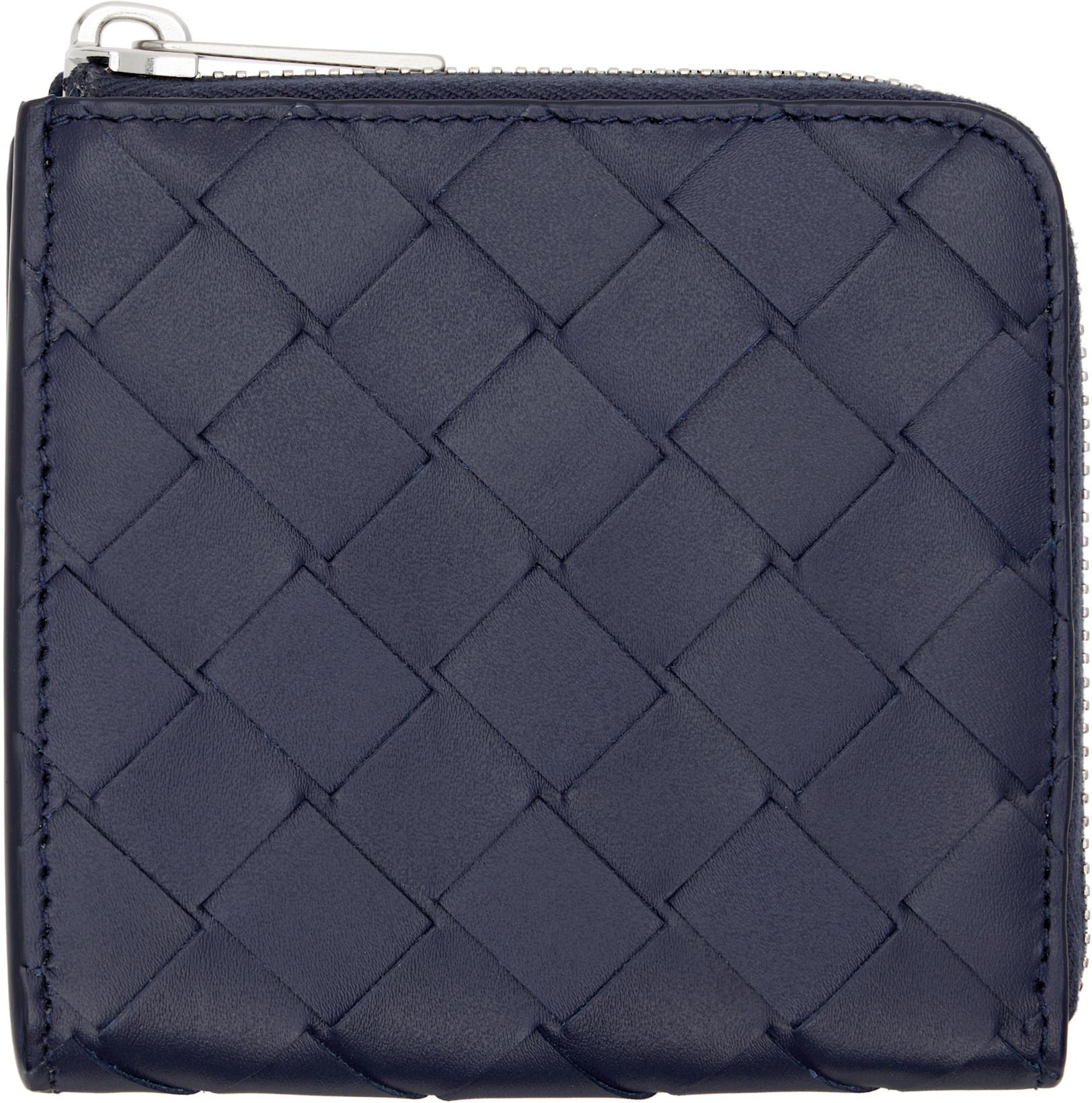 Navy Intrecciato Square Zip Around Wallet by BOTTEGA VENETA