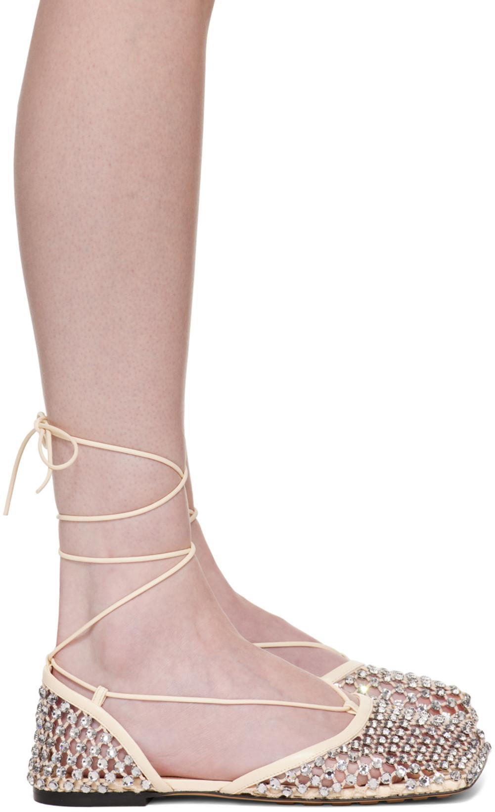 Off-White Sparkle Stretch Lace-Up Flat Sandals by BOTTEGA VENETA