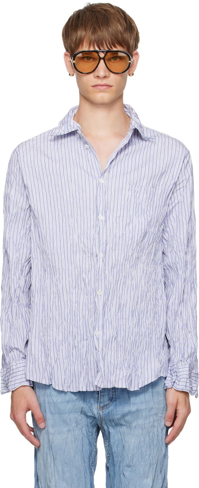 White & Navy Crushed Cotton Striped Shirt by BOTTEGA VENETA