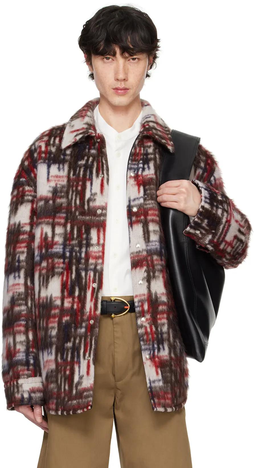 White & Red Alpaca Check Overshirt by BOTTEGA VENETA
