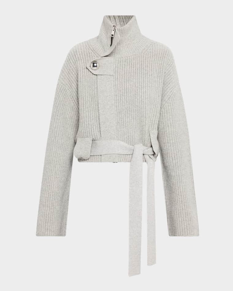 Neal Zip-Front Cashmere Sweater with Tie Belt by BRANDON MAXWELL Neal Zip-Front Cashmere Sweater with Tie Belt by BRANDON MAXWELL