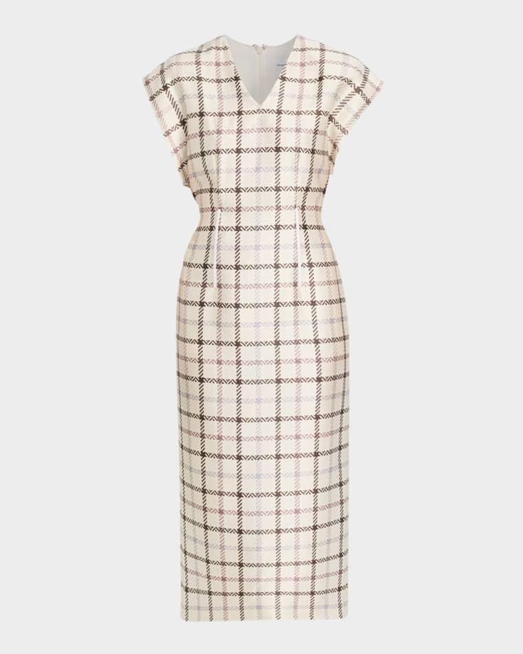 The Keaton Exaggerated-Shoulder Check Mikado Silk Midi Dress by BRANDON MAXWELL