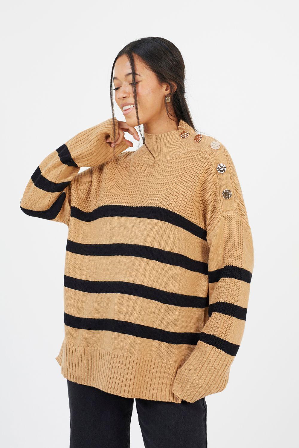 Button Detail Striped Turtleneck Jumper by BRAVE SOUL