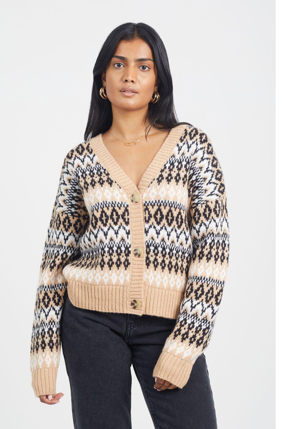 Button Through V-neck Fairisle Cardigan by BRAVE SOUL