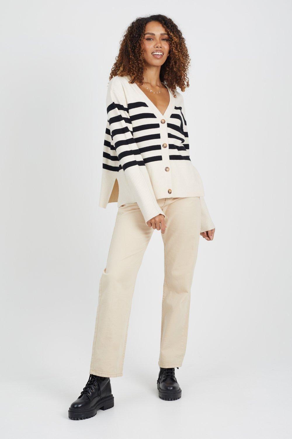 Button Through V-neck Stripe Cardigan by BRAVE SOUL