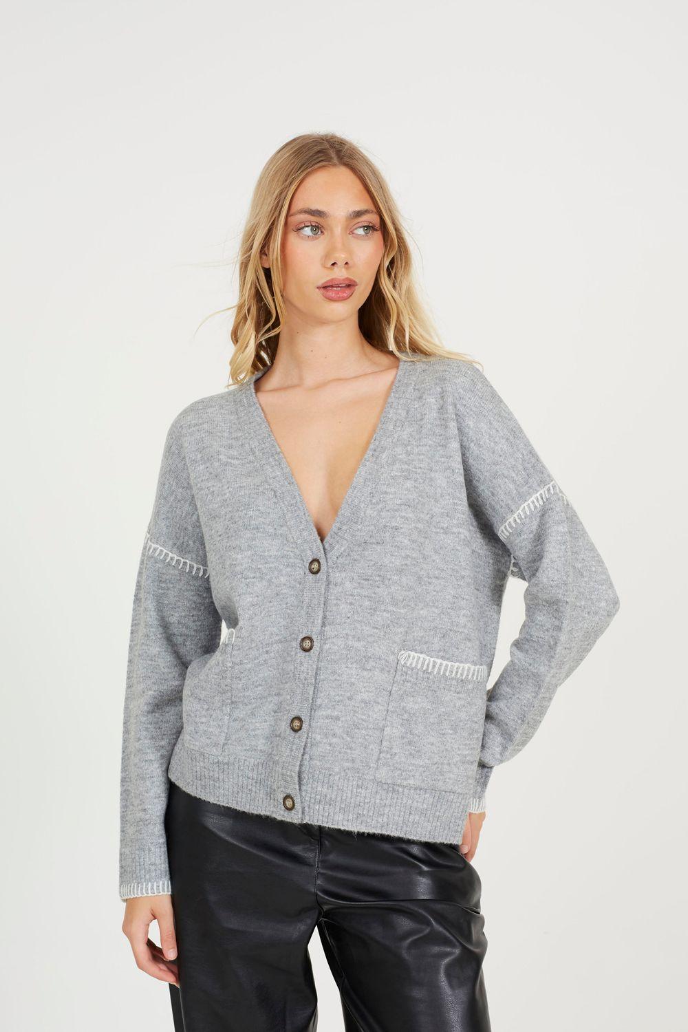 Contrast Stitch Button Through V-neck Cardigan by BRAVE SOUL