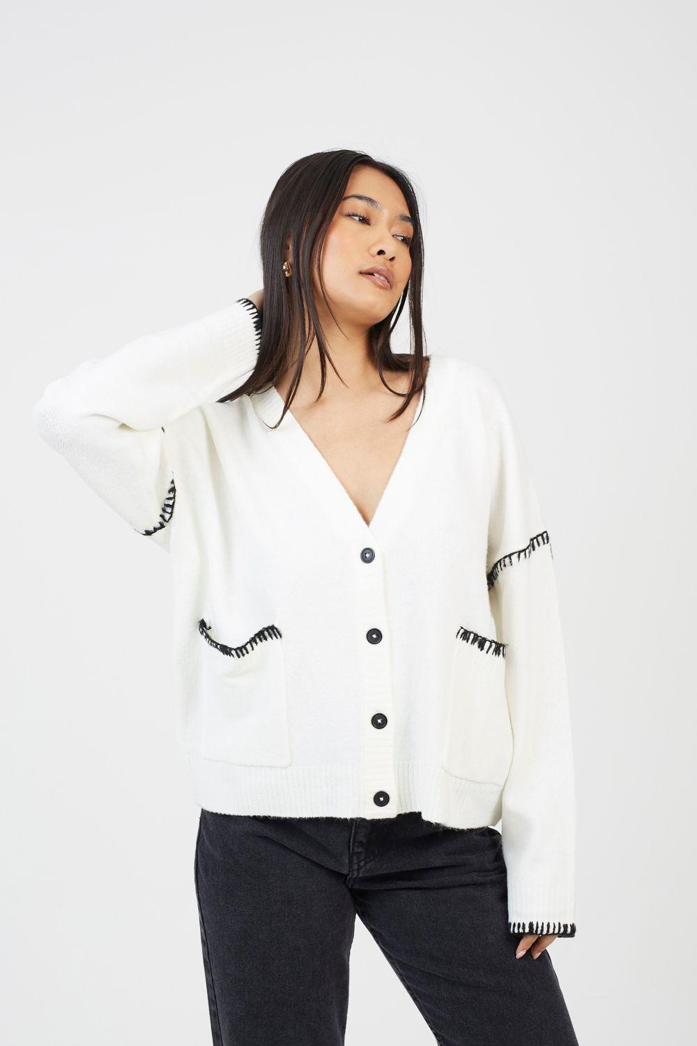 Contrast Stitch Button Through V-neck Cardigan by BRAVE SOUL