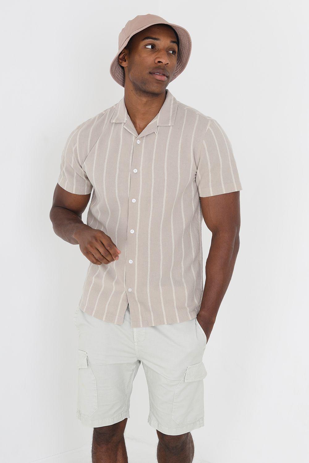 Cotton Short Sleeve Stripe Shirt With Linen by BRAVE SOUL