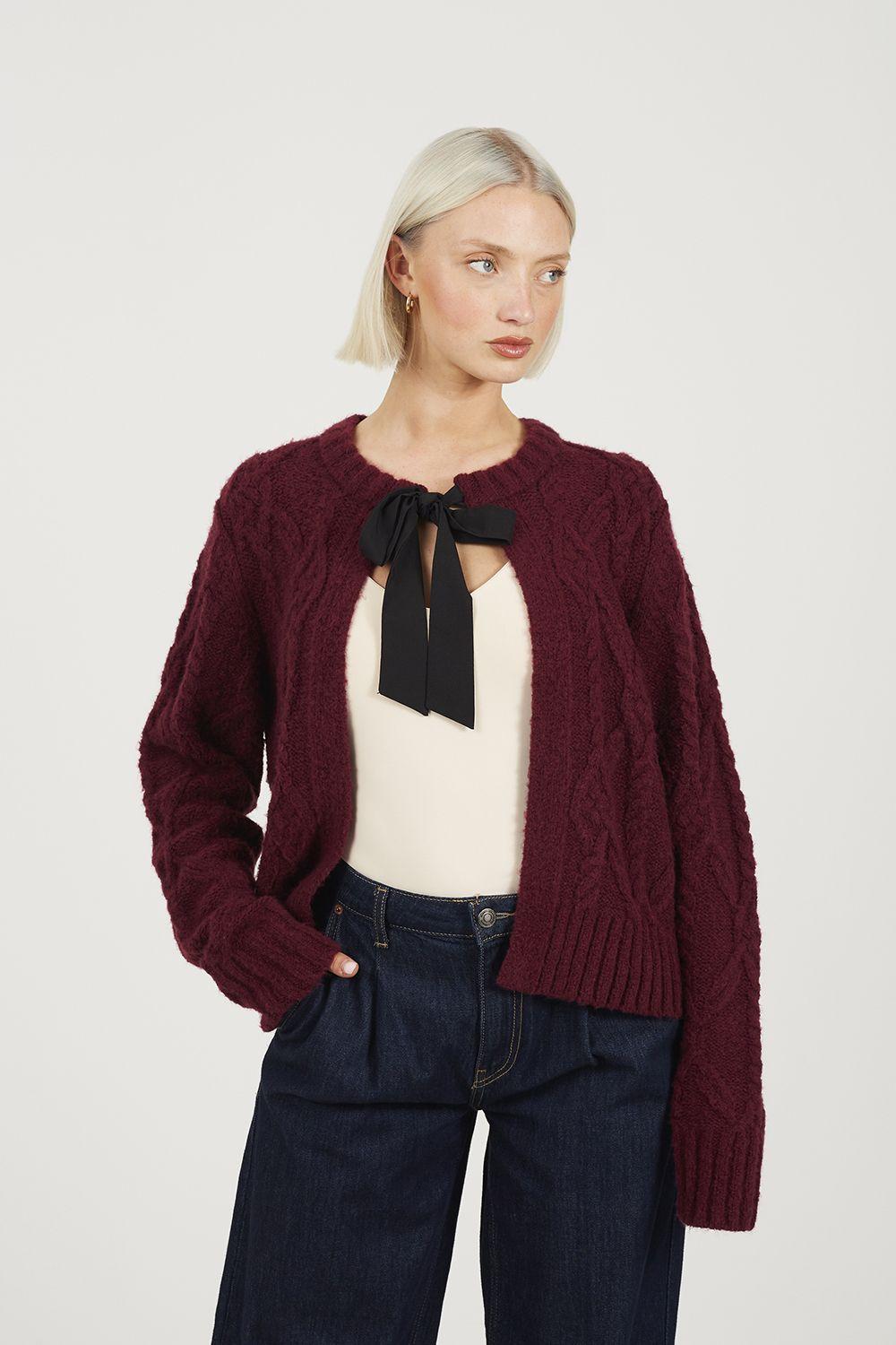 Crew Neck Cable Knit Cardigan With Bow by BRAVE SOUL