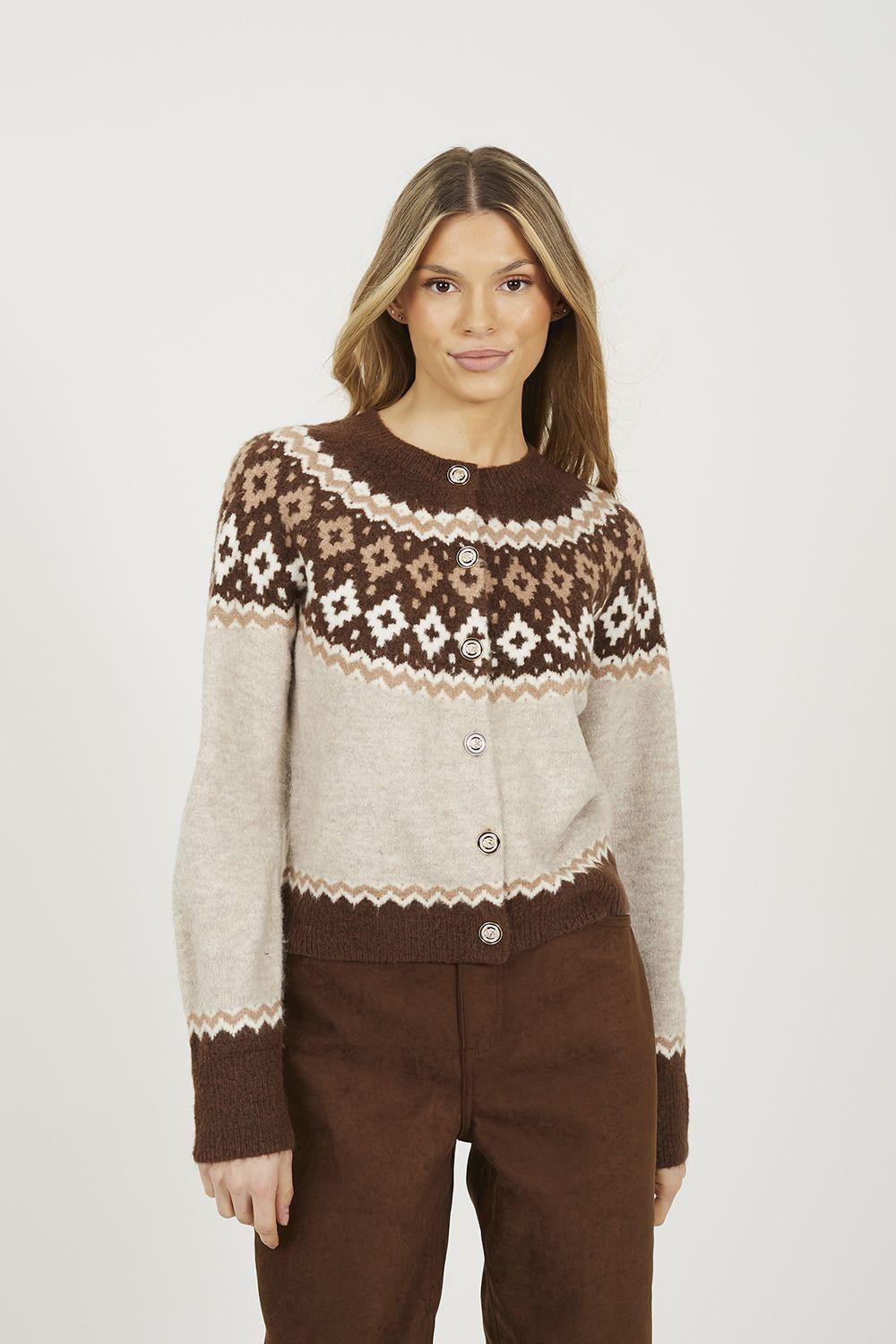 Crew Neck Fairisle Knit Cardigan by BRAVE SOUL