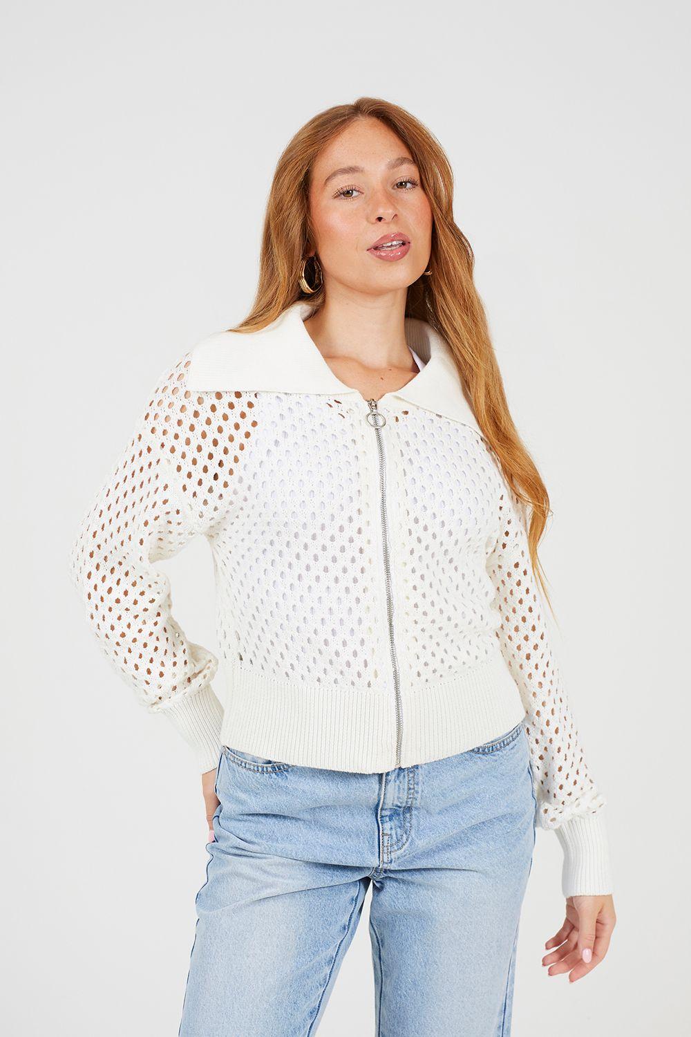 Crochet Knit Zip Through Cardigan by BRAVE SOUL