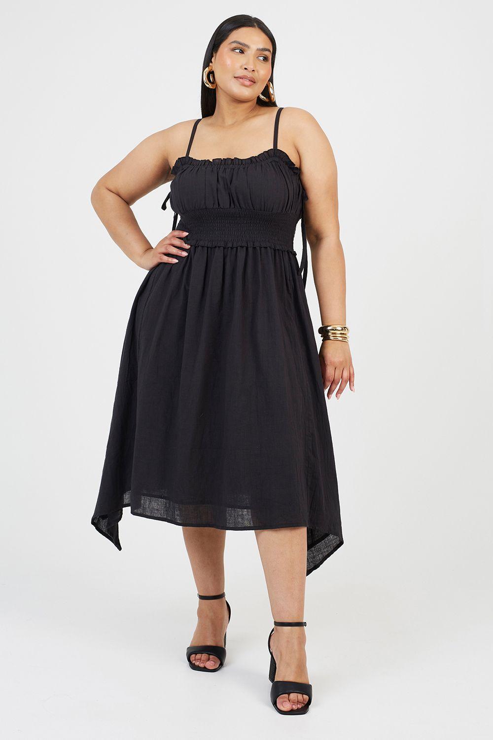 Curve Strappy Shirred Hankerchief Hem Midi Dress by BRAVE SOUL
