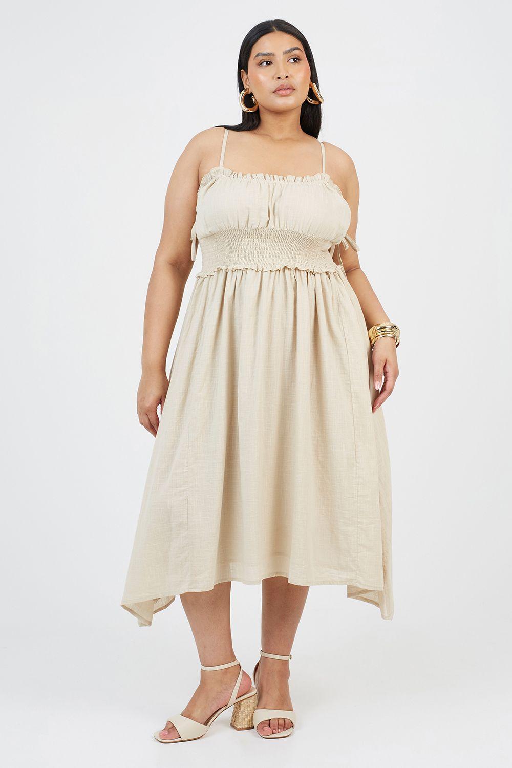 Curve Strappy Shirred Hankerchief Hem Midi Dress by BRAVE SOUL
