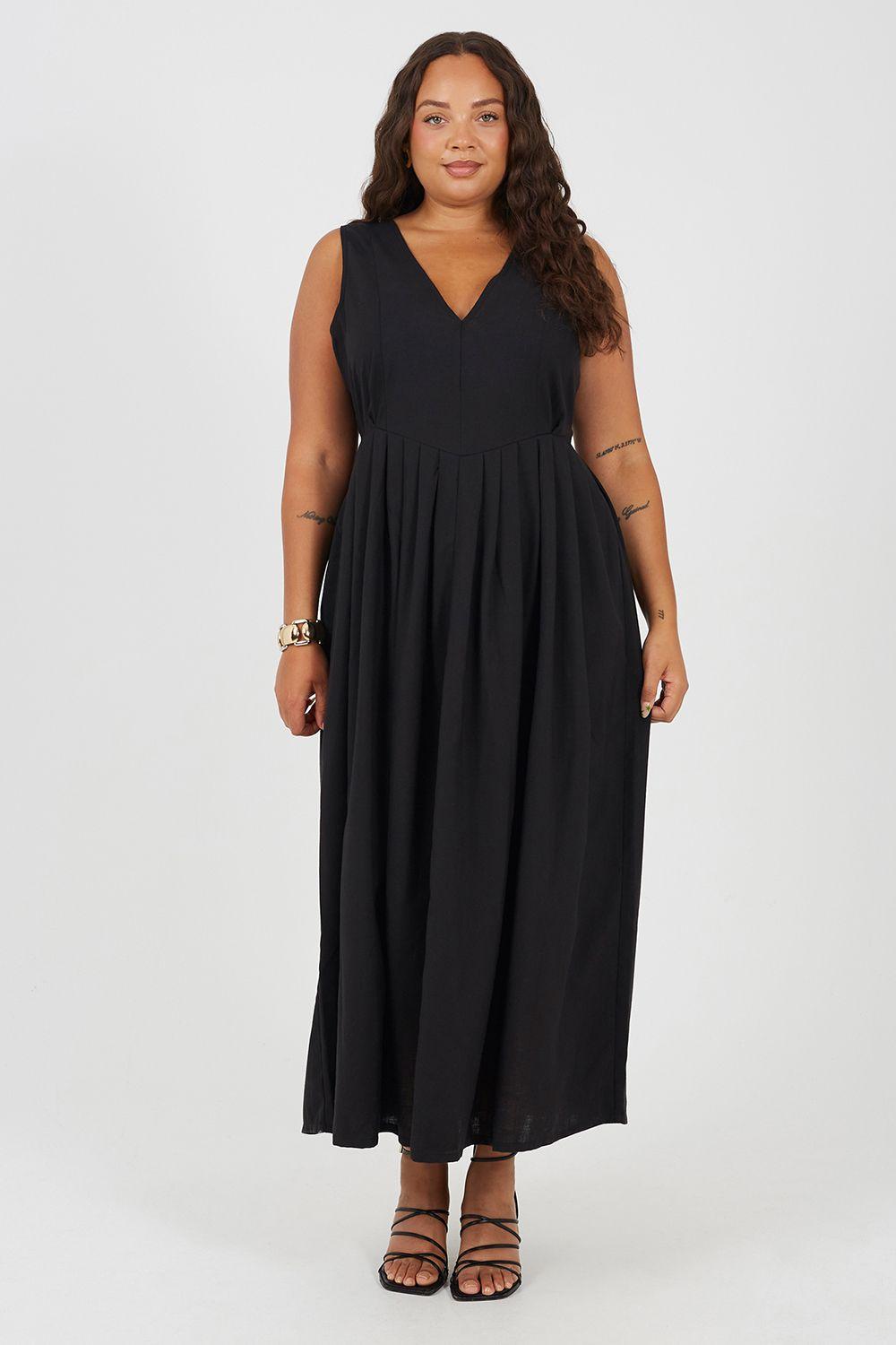 Curve V-Neck Midi Dress With Pleated Skirt by BRAVE SOUL