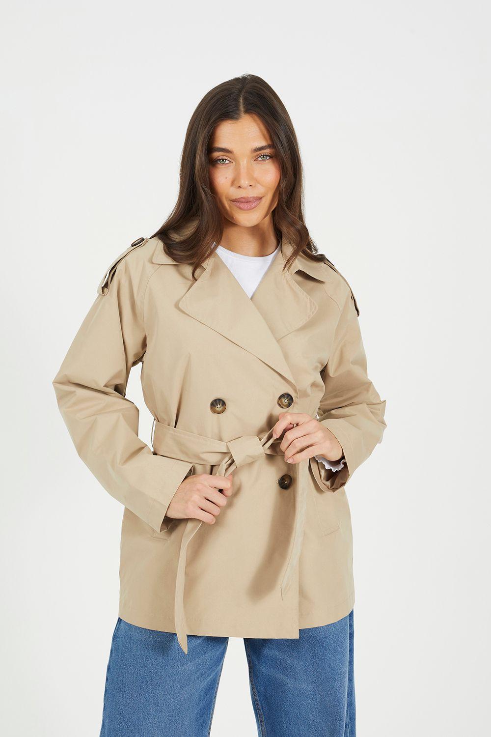 Double Breasted Short Mac with Self Tie Belt by BRAVE SOUL