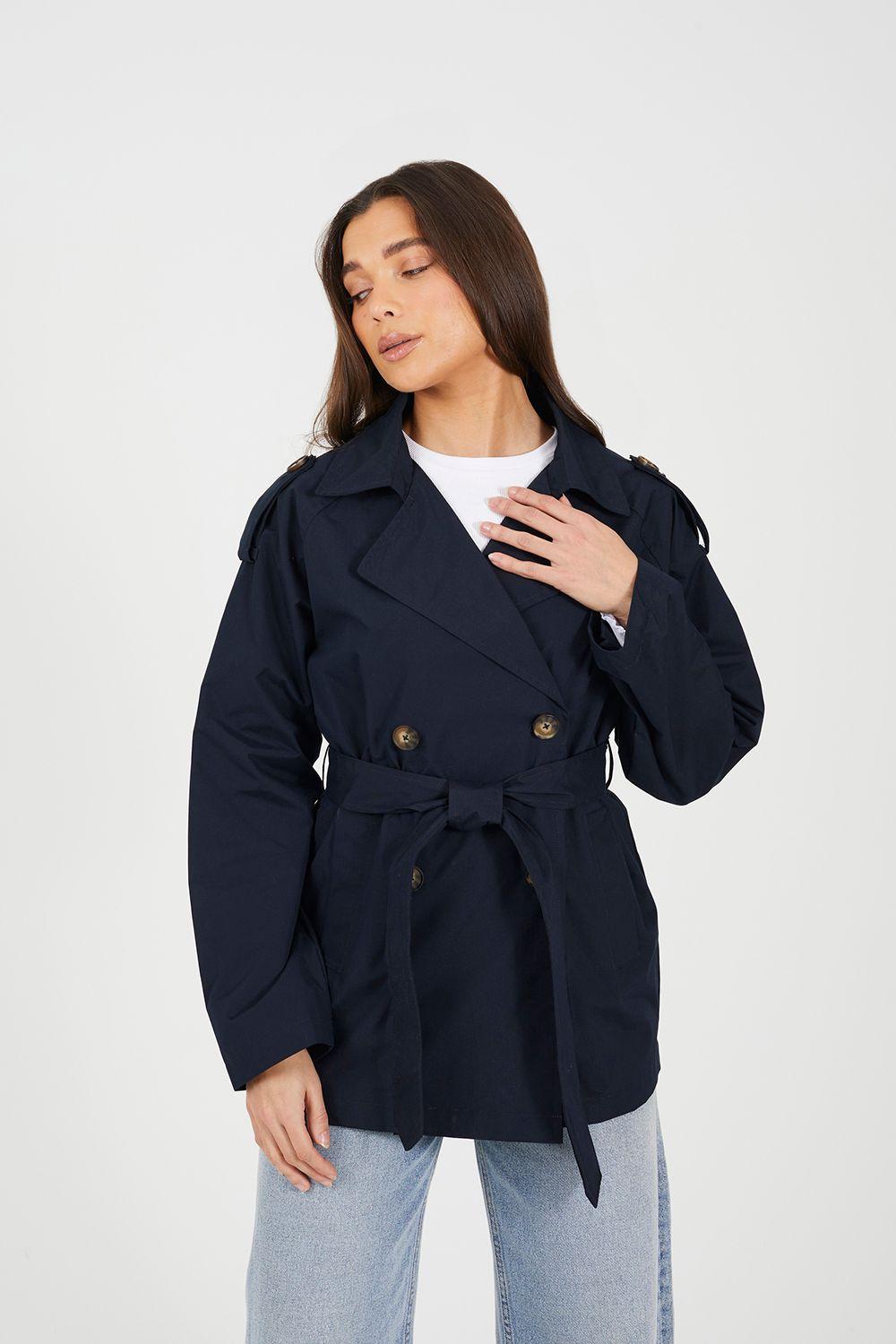 Double Breasted Short Mac with Self Tie Belt by BRAVE SOUL