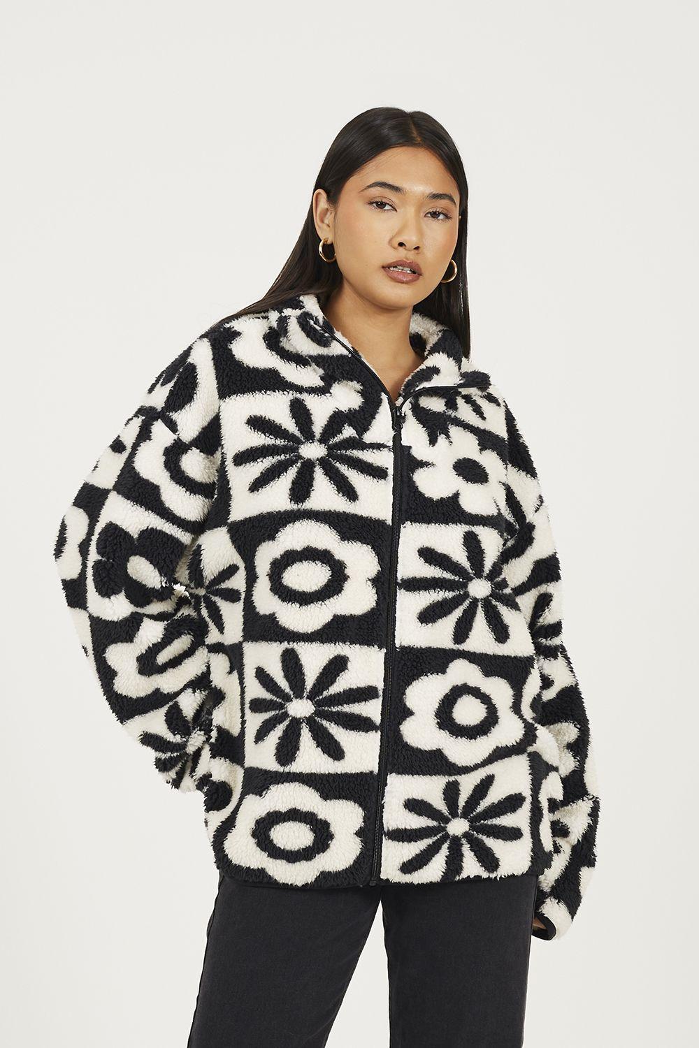 Graphic Flower Print Zip Through Sherpa Fleece by BRAVE SOUL