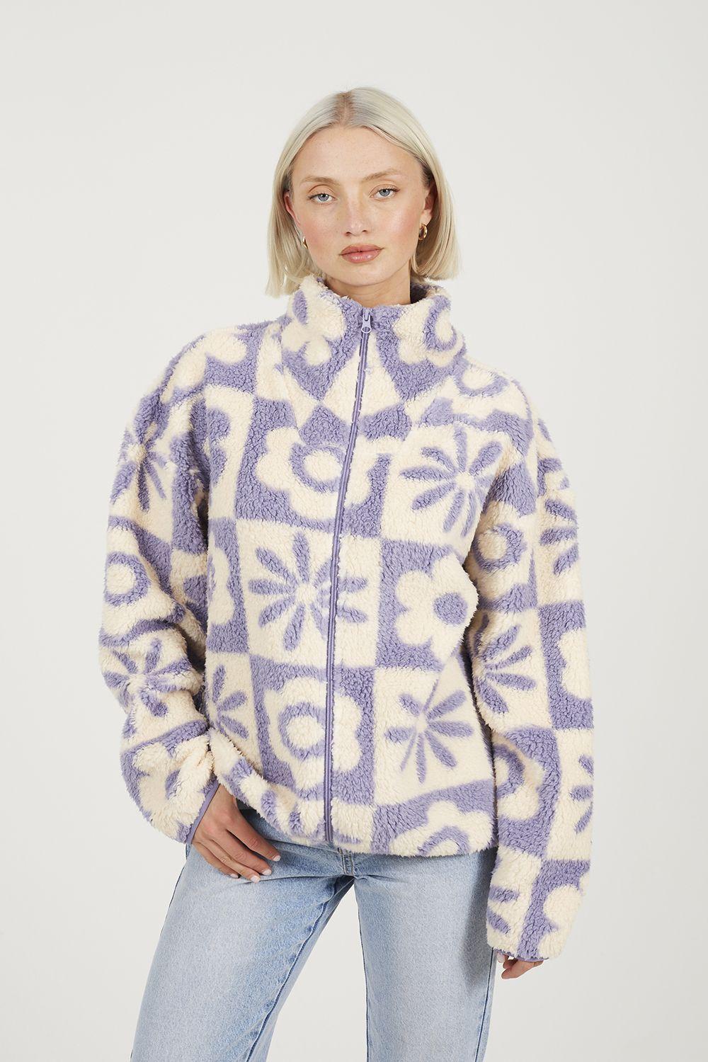 Graphic Flower Print Zip Through Sherpa Fleece by BRAVE SOUL Graphic Flower Print Zip Through Sherpa Fleece by BRAVE SOUL