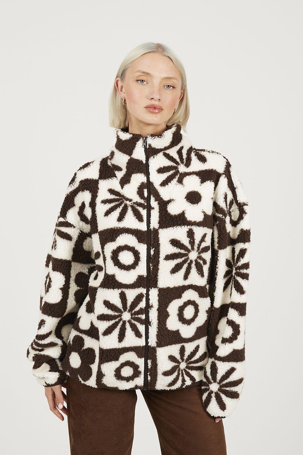 Graphic Flower Print Zip Through Sherpa Fleece by BRAVE SOUL