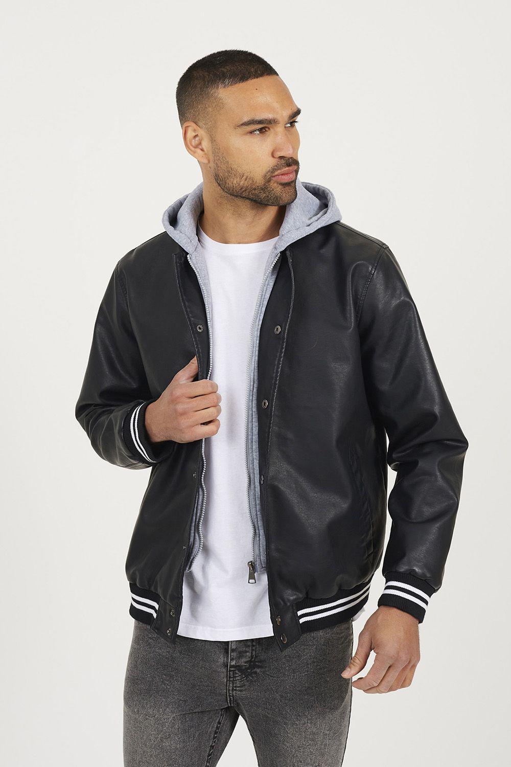 Jersey Hooded Varsity Style PU Jacket by BRAVE SOUL Jersey Hooded Varsity Style PU Jacket by BRAVE SOUL