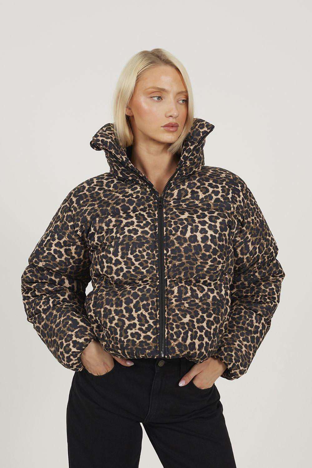 Leopard Print Short Puffer Jacket With Oversized Collar by BRAVE SOUL