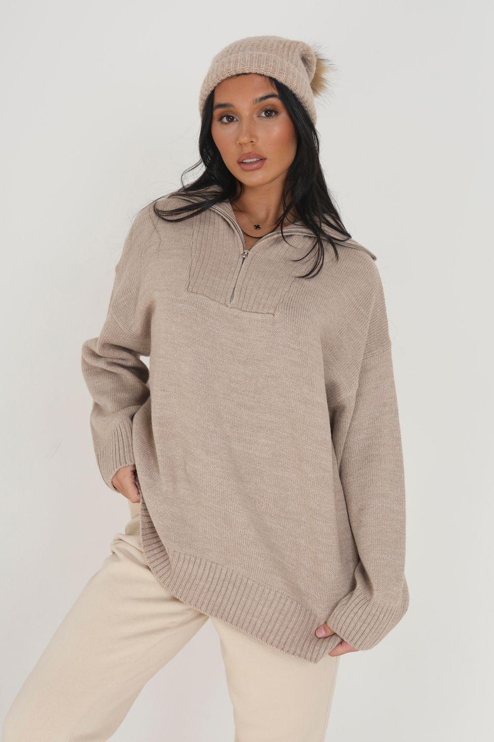 Oversized Zip Collar Knitted Jumper by BRAVE SOUL