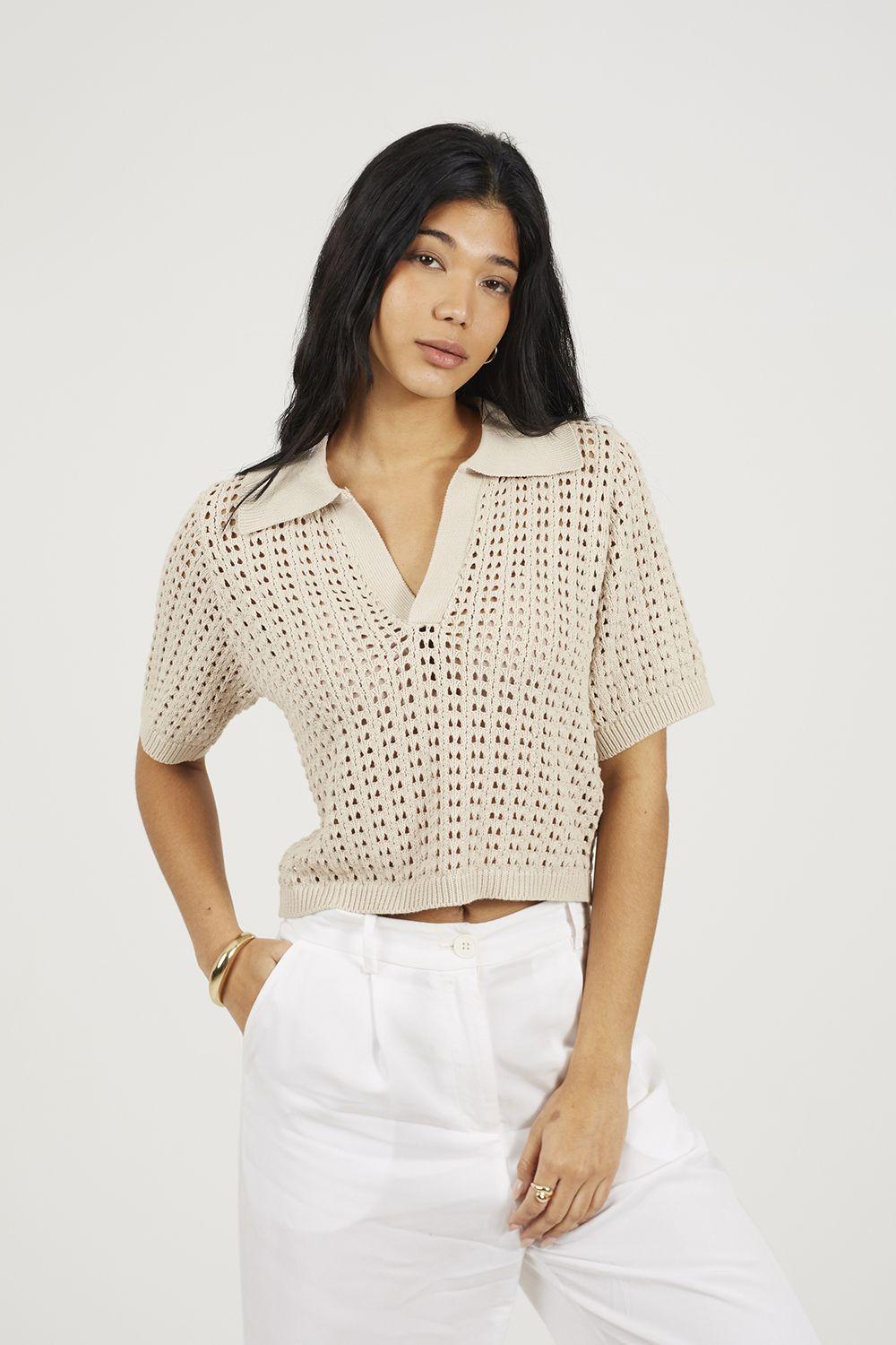 Pointelle Knit Collared T-Shirt by BRAVE SOUL