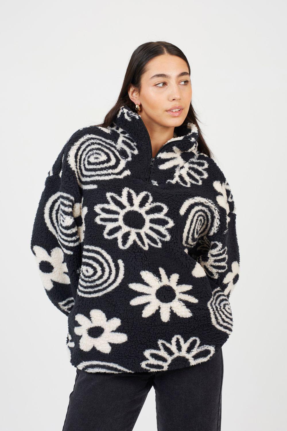 Quarter Zip Flower Print Sherpa Fleece by BRAVE SOUL