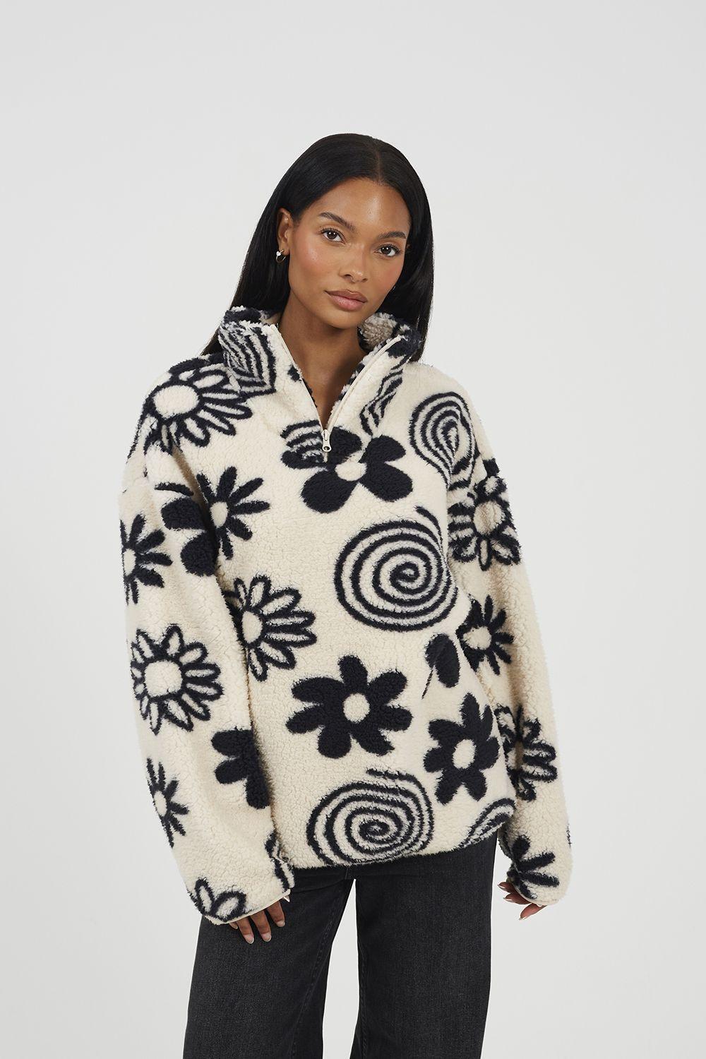 Quarter Zip Flower Print Sherpa Fleece by BRAVE SOUL