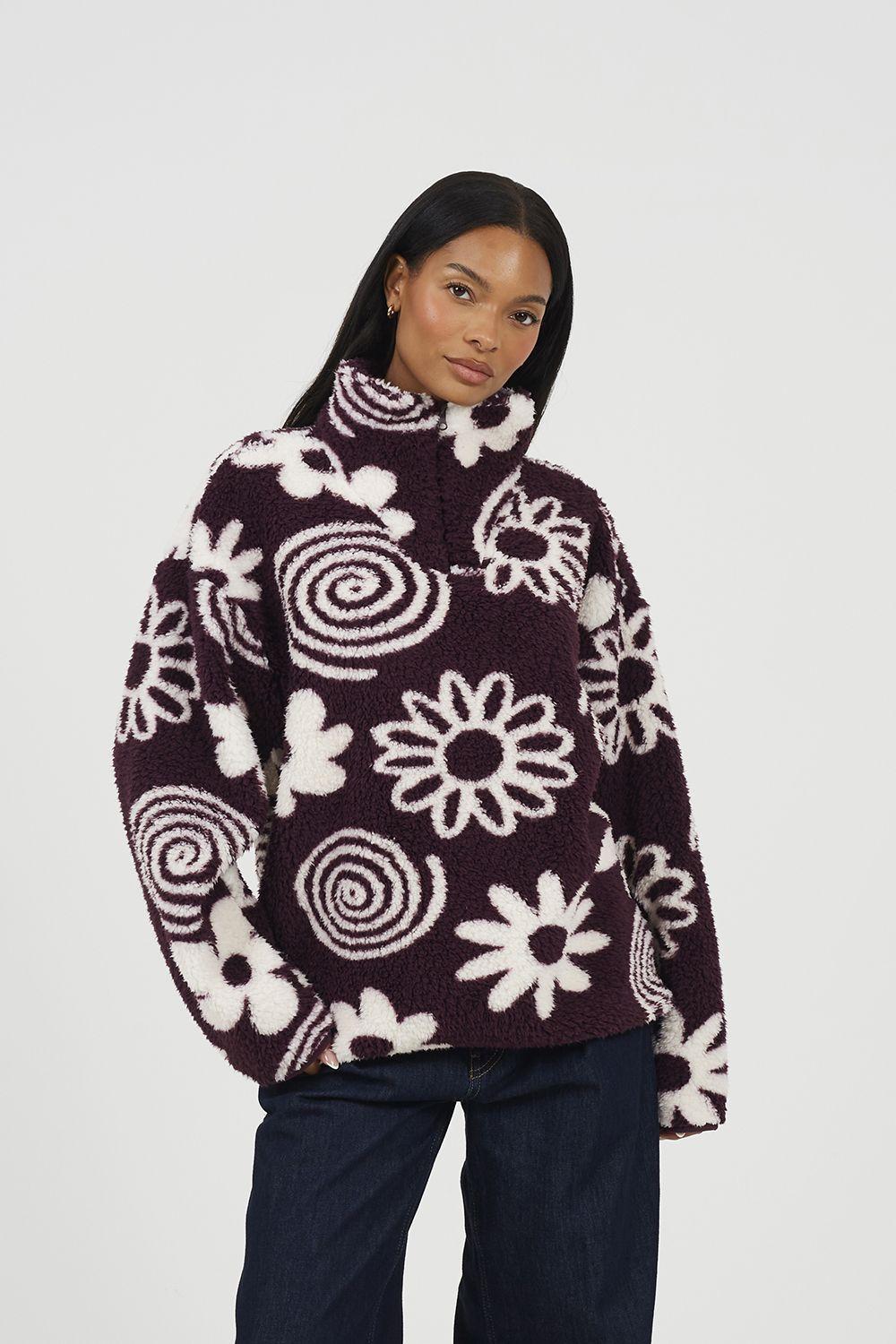 Quarter Zip Flower Print Sherpa Fleece by BRAVE SOUL
