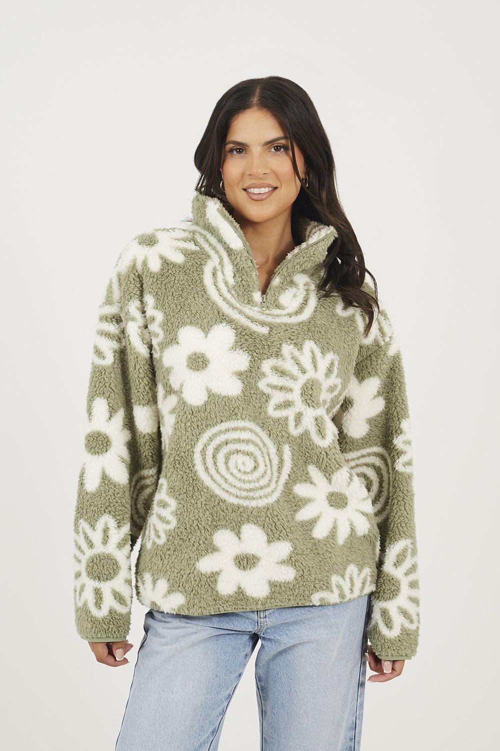 Quarter Zip Flower Print Sherpa Fleece by BRAVE SOUL