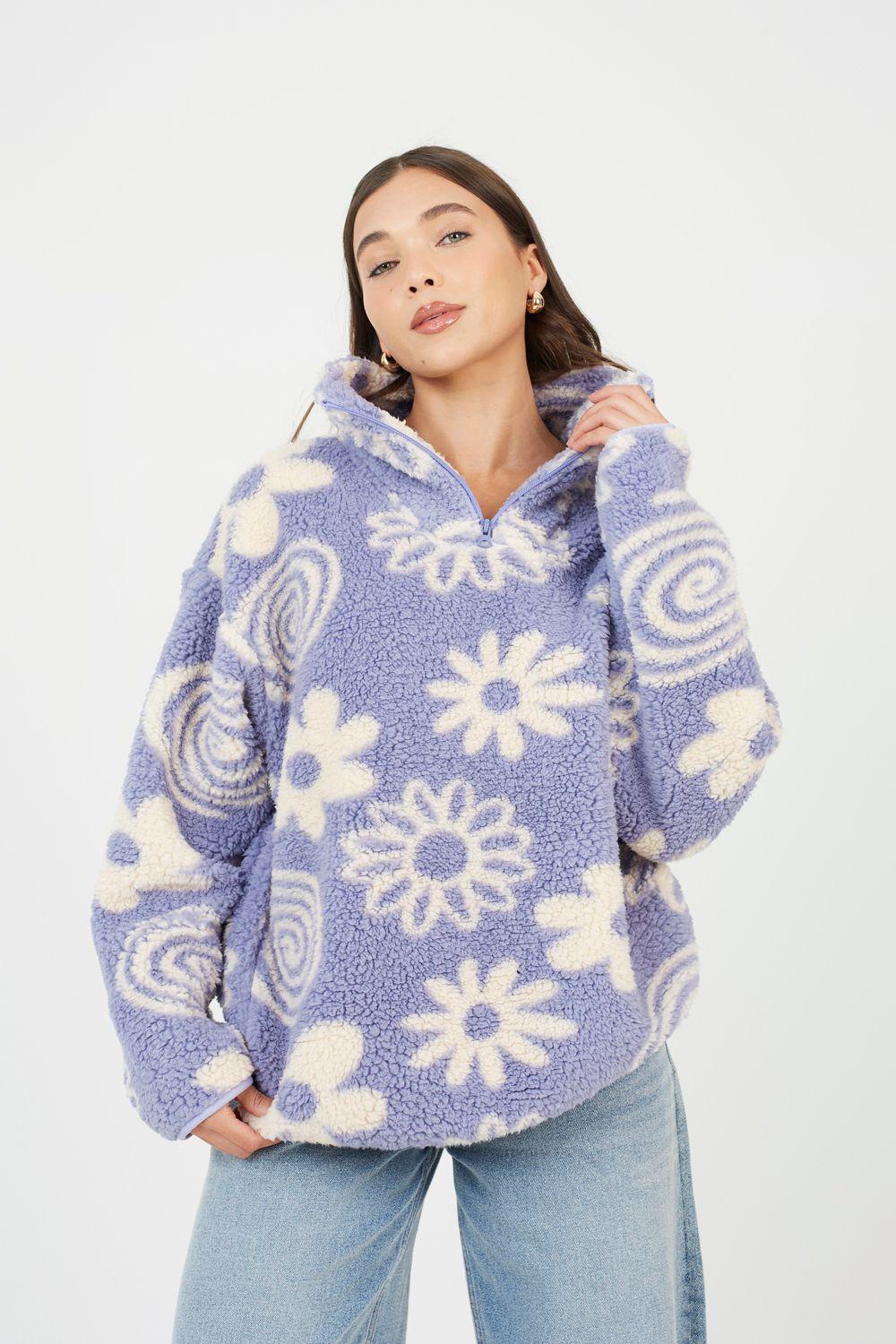 Quarter Zip Flower Print Sherpa Fleece by BRAVE SOUL