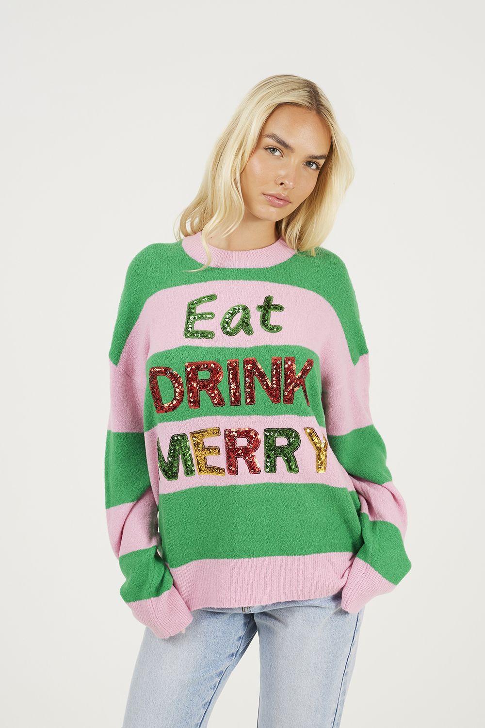 Sequin Slogan Stripe Christmas Jumper by BRAVE SOUL